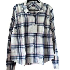 NWT Untuckit Womens De Toren Flannel Plaid Button Up Shirt White Pink Blue SZ 18